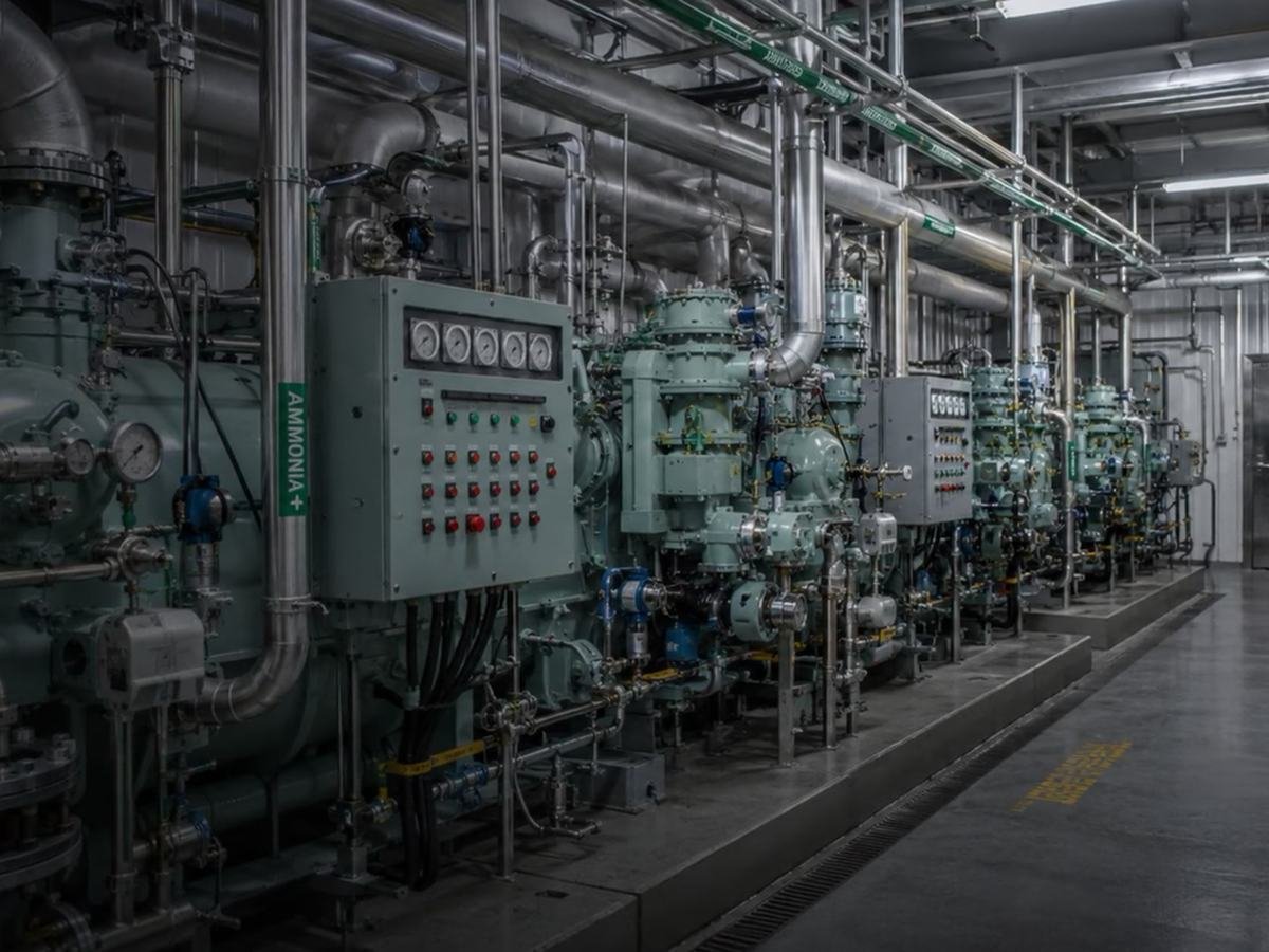 Sala de máquinas con compresores de refrigeración y tubería de proceso